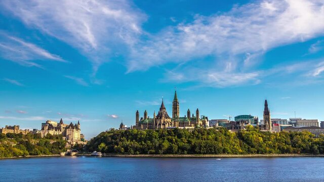 Uhd 4k Timelapse of Canadian Parliament in Ottawa on Parliament  hill  in a sunny day, Canada