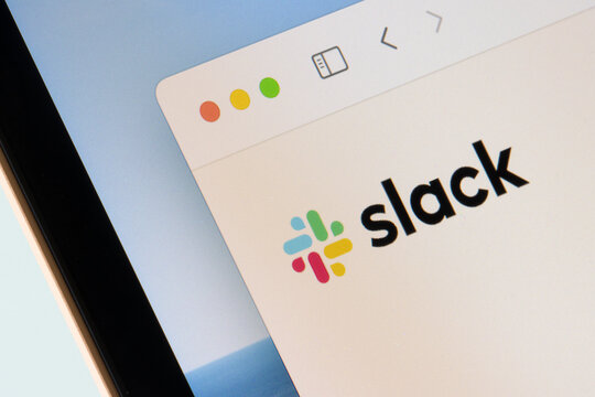 Portland, OR, USA - Jan 12, 2022: Closeup of the Slack logo seen on its homepage on a laptop computer. Slack is a channel-based messaging platform for business.