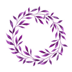 Violet floral round wreath, frame, border, blank, template isolated on white. Watercolor botanical illustration for copy space, card, greeting, invitation. Purple leaves circle design element.