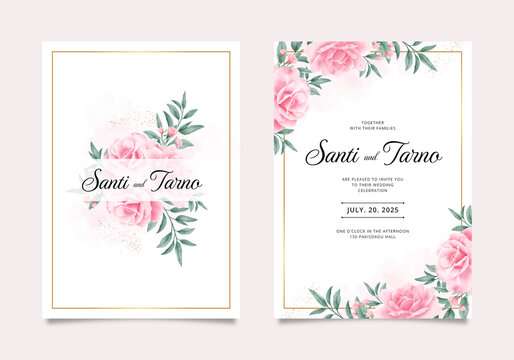 Romantic wedding invitation set with rose flower bouquet watercolor and gold frame