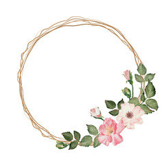 watercolor blooming rose branch with dry twig flower bouquet wreath round frame
