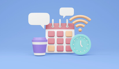 3D Rendering of Agenda element icons calendar internet WiFi clock coffee cup speech bubble symbol on background concept of time management. 3D render illustration cartoon style.