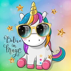 Cartoon Cool unicorn with sun glasses