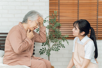 高齢者女性と介護士の女性（悩む・頭痛）