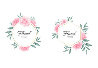 Beautiful floral frame with golden and geometric circles with rose flower illustration