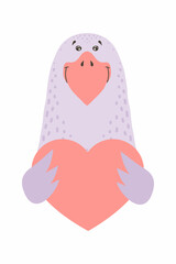 Cute cartoon animal holds a heart sign with copy space. set valentine's day greeting card banner invitation flyer brochure. cartoon hand drawn style. Little animals pets in love, declaration of love