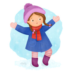 Girl wearing coat and scarf walking in winter snow.