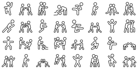 Self defense icons set outline vector. Adrenalice attack. Action karate