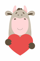 Cute cartoon animal holds a heart sign with copy space. set valentine's day greeting card banner invitation flyer brochure. cartoon hand drawn style. Little animals pets in love, declaration of love