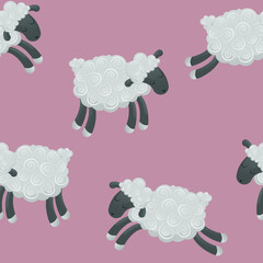 Cute curly sheep. Vector seamless pattern with lambs on a pink background.