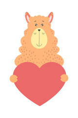 Cute cartoon animal holds a heart sign with copy space. set valentine's day greeting card banner invitation flyer brochure. cartoon hand drawn style. Little animals pets in love, declaration of love