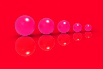 Five glass balls of different sizes of red color on red background. Growth of something. Progress. reflection. Horizontal image. 3D image. 3D rendering.