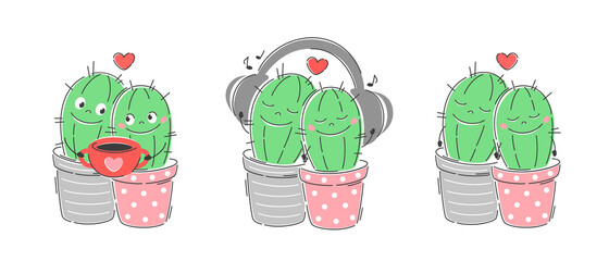 Valentine's Day holiday. Valentine card. Сollection cute couple cacti in a flowerpot. Vector characters for postcards,  invitations, stickers.