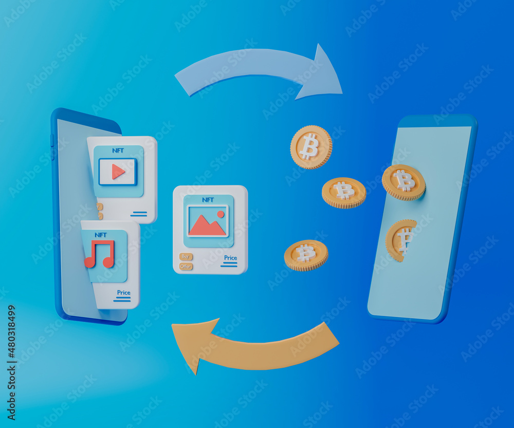 Poster 3d rendering nft or non fungible token . concept block chain technology illustration.