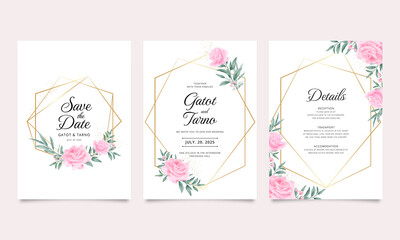 Elegant wedding invitation with geometric gold border and roses and leaves