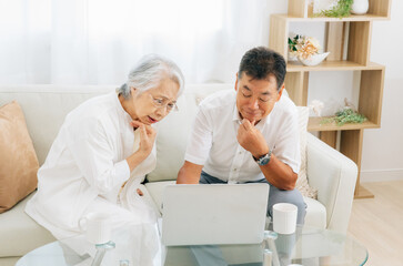 Fototapeta premium ノートパソコンを見る高齢者夫婦（困る） 