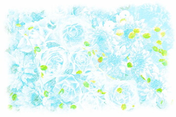 Fototapeta na wymiar Blue roses and dahlias drawn with colored pencils.