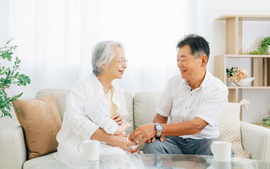 Obraz premium 孫を抱く高齢者女性と男性 