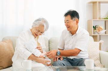 Fototapeta premium 孫を抱く高齢者女性と男性 