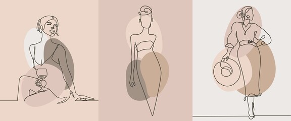 Set of Abstract Minimalist Elegant Female Figure. Vector Fashion Modern Ilustration of Female Silhouette in a Trendy Linear Style. Elegant Art Design for Wall Decor, Posters, Prints, Social Media. 