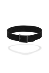 Detail shot of black leather collar with metal buckle. Adjustable basic choker made of plain leather is isolated on the white background.  