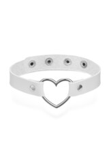 Detail shot of white leather collar with steel heart-shaped ring and metal rivets. Stylish adjustable choker with press studs is isolated on the white background.  