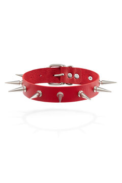 Detail shot of red leather collar with steel sharp thorns and metal buckle. Stylish adjustable choker is isolated on the white background.  