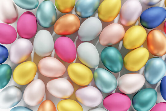 3d render of pastel colored Easter eggs pattern flat lay