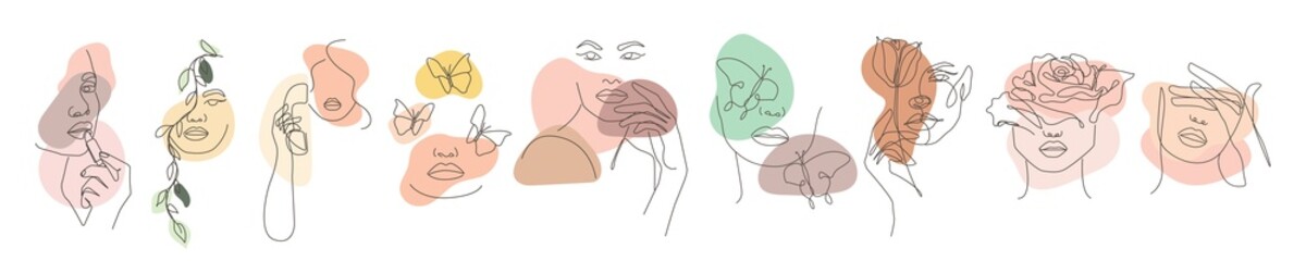 Set of Continuous Line Art of Woman Face and Flowers and Leaves. Abstract Minimalist Line Drawing with Floral Elements. Design Templates for Posters, Covers, t-Shirt Print, Banner etc. Vector EPS 10