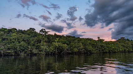 Reflection of a sunset by a lagoon inside the Amazon Rainforest Basin. The Amazon river basin...