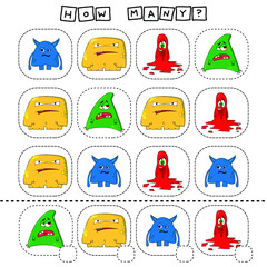 How many counting game with funny cute monsters. Preschool worksheet, kids activity sheet, printable worksheet
