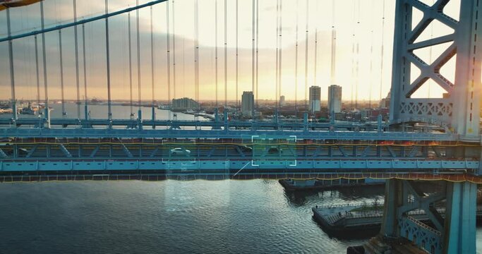 Motion graphic illustration tracking car shot of traffic on bridge. Spy surveillance law enforcement theme.