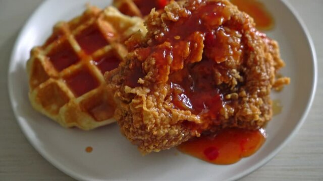 homemade fried chicken with waffle and spicy sauce