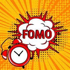 FOMO - fear of missing out concept. FOMO in comic pop art style.  Comic book explosion with text FOMO. Vector bright cartoon illustration in retro pop art style.