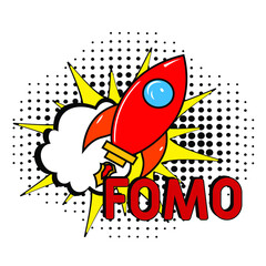FOMO - fear of missing out concept. FOMO in comic pop art style.  Comic book explosion with text FOMO. Vector bright cartoon illustration in retro pop art style.