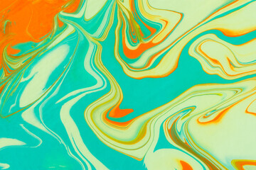 Fototapeta na wymiar Turquoise orange beige acrylic fluid art. Abstract creative spring background. Artistic floral background. Dynamic lines, movement, contrast splash. Design of holiday cards. Fashionable marble texture