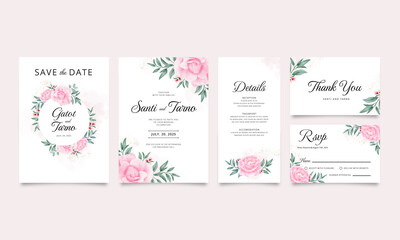 Wedding invitation card set with beautiful flowers and leaves decoration