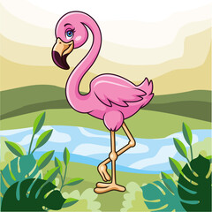 Cartoon beautiful flamingo bird on the lake