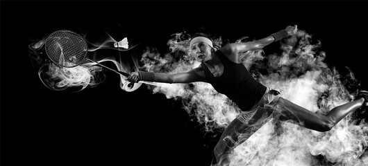 Woman badminton player in action - obrazy, fototapety, plakaty