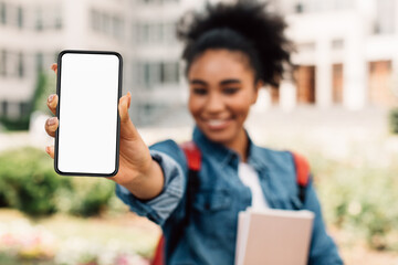 Black Student Girl Showing Smartphone Empty Screen Standing Outside