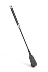 Detailed shot of a riding crop with a black leather tip and a leather handle. The accessory for erotic games is isolated on the white background.
