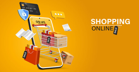 Shopping Online on Website or Mobile Application Vector Concept Marketing and Digital marketing.Online shopping store with mobile , credit cards and shop elements.Vector illustration.	