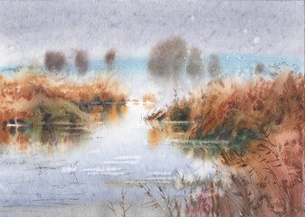 Poster of wall art landscape watercolor painting clip art for background. You can use like luxury invitation card with nature and organic shapes and invite design for wedding and vip cover template. 