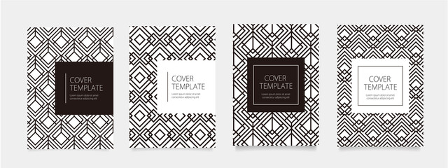 4種類の黒のジオメトリックパターンのベクターカバーデザインセット。ビジネスのパンフレット、カード、パッケージ、ポスターの背景として。 - obrazy, fototapety, plakaty