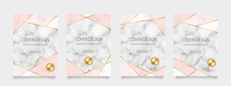 大理石とピンクと金のジオメトリック背景に金色のラベルのベクターカバーデザインセット。ビジネスのパンフレット、カード、パッケージ、ポスターの背景として。