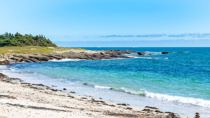 The Quiberon peninsula, in Brittany, beautiful seascape of the ocean, the rocky Cote sauvage 
