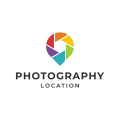 Creative Colorful Camera Lens and Location Pin Point, for Photo Studio and Photography logo design concept