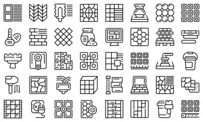 Naklejka na ściany i meble Installing tiles icons set outline vector. House taller. Fix tile