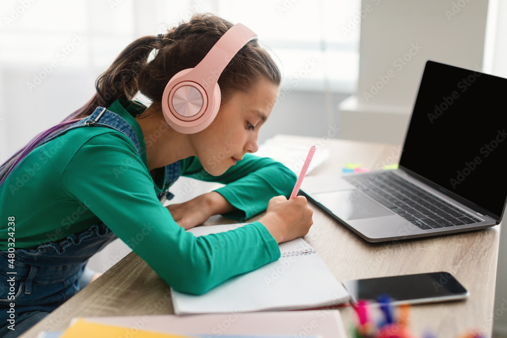 Poster girl in headset writing notes using laptop with empty screen