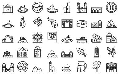 Montenegro icons set outline vector. Country area. Atlas building